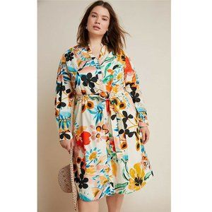 Anthropologie Womens White Floral Rilke Poplin Long Sleeve Shirt Dress Size XL